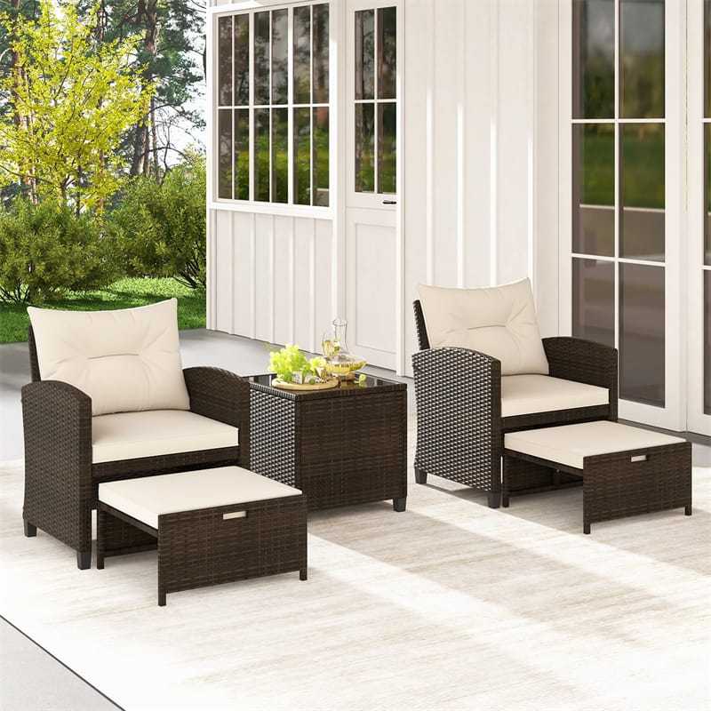 5-Piece Patio Rattan Furniture Set, Cushioned Wicker Chairs with 2 Ottomans & Glass Coffee Table, Outdoor Sectional for Porch Backyard Poolside