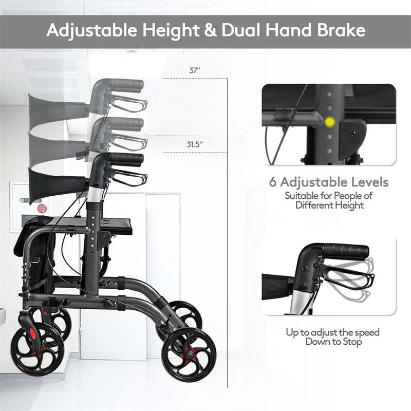 2-in-1 Folding Rollator Walker with Seat for Seniors, Aluminum Medical Walker Transport Chair Combo with 8" Wheels, Adjustable Handle & Backrest