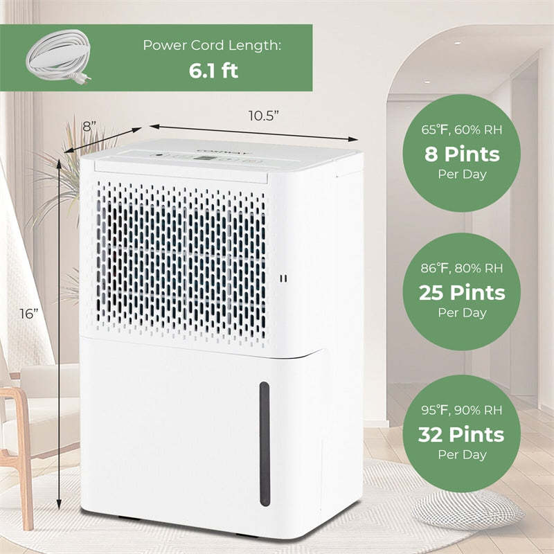 32 Pint Portable Dehumidifier for Home Basements, 2000 Sq.Ft Quite Dehumidifier with Drain Hose & 3 Modes 24H Timer