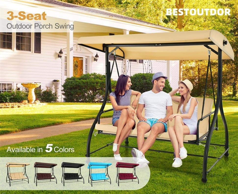 3 Seat Outdoor Porch Swing 2-in-1 Large Converting Patio Swing Glider with Adjustable Canopy & Removable Cushions for Yard Garden Balcony