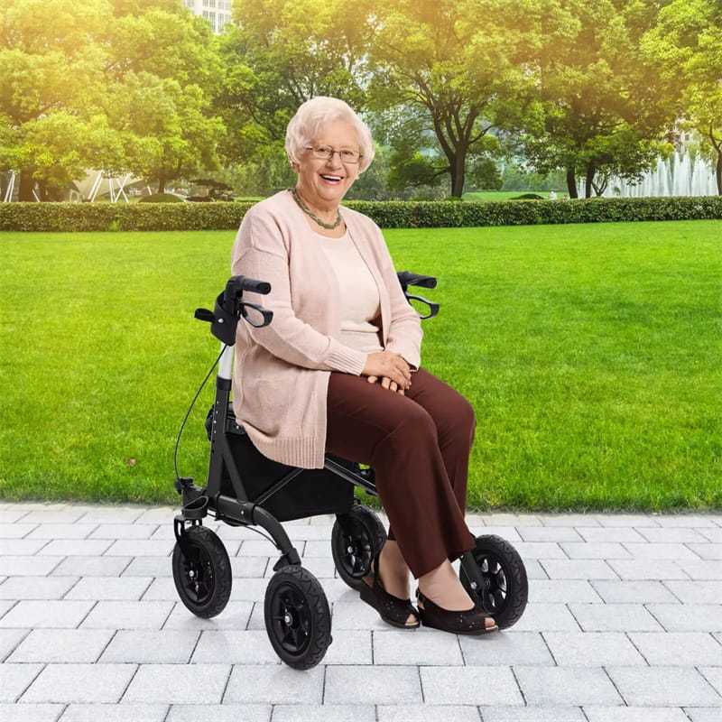 Foldable Rollator Walker with Seat & 9.5" All-Terrain Pneumatic Wheels, 350lbs Heavy Duty Height Adjustable Bariatric Rollator for Seniors/Adults