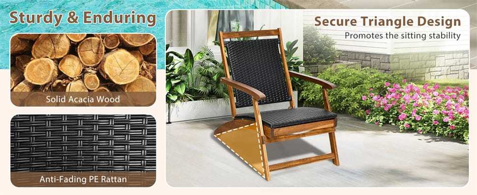 Set of 2 Acacia Wood Patio Folding Rattan Chaise Lounges with Retractable Footrest, Outdoor Deck Lounge Chairs for Backyard, Garden, Poolside