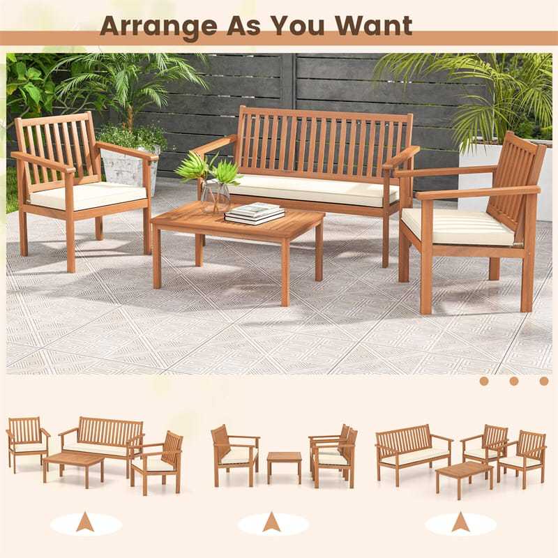 4 Piece Patio Wood Furniture Set Outdoor Acacia Wood Sofa Set with Loveseat, 2 Cushioned Chairs & Coffee Table for Porch Yard Balcony
