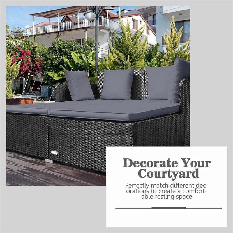 Wicker Outdoor Daybed Double Chaise Lounge Rattan Sun Lounger Patio Sunbed Cushioned Sofa Furniture with Spacious Seat & Pillows