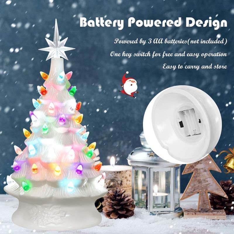 14 Inch Hand-Painted White Ceramic Tabletop Christmas Tree with 12 Built-in Lights and Top Star