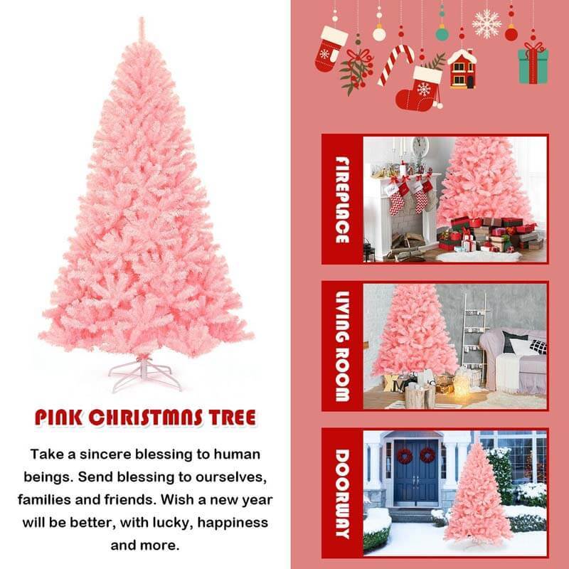 7.5FT Pink Artificial Hinged Spruce Full Christmas Tree with Foldable Metal Stand