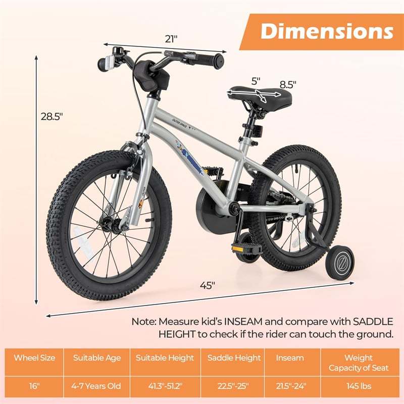 16-Inch Kids Bike, Sports Bicycle for 4-7 Years Old with Height Adjustable Seat, Fully Enclosed Chain Guard & Removable Training Wheels