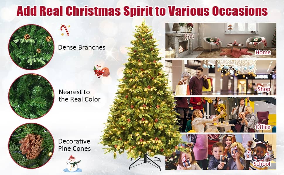 7/7.5/8 Feet Pre-Lit Artificial Christmas Tree Premium Spruce Hinged Tree with LED Lights & Pine Cones, Xmas Tree for Holiday Indoor Décor