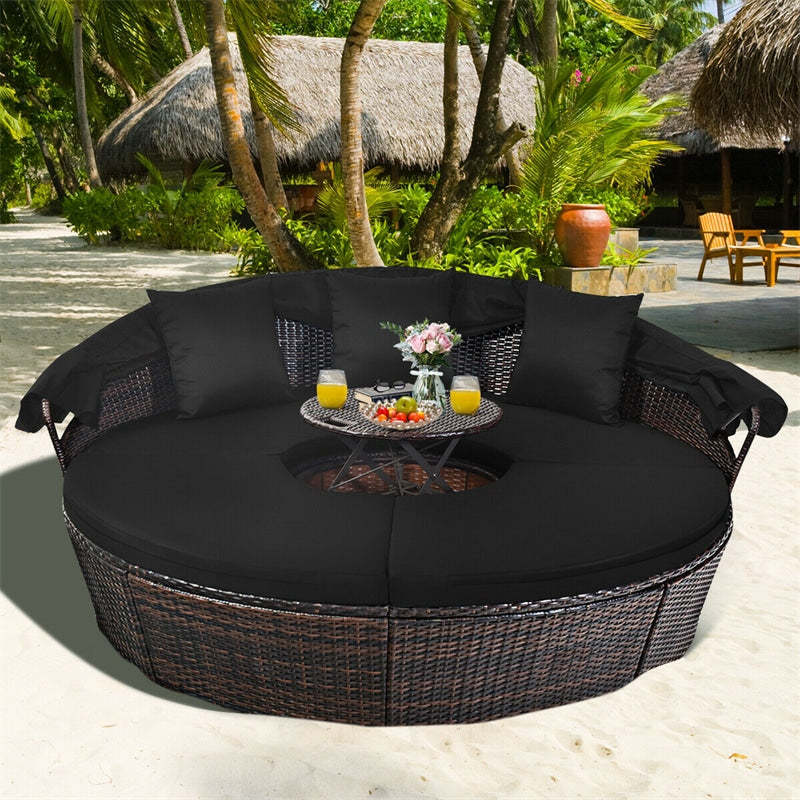 Round Patio Rattan Daybed with Retractable Canopy, Adjustable Coffee Table & Cushions, Outdoor Wicker Sectional Sofa for Poolside, Backyard
