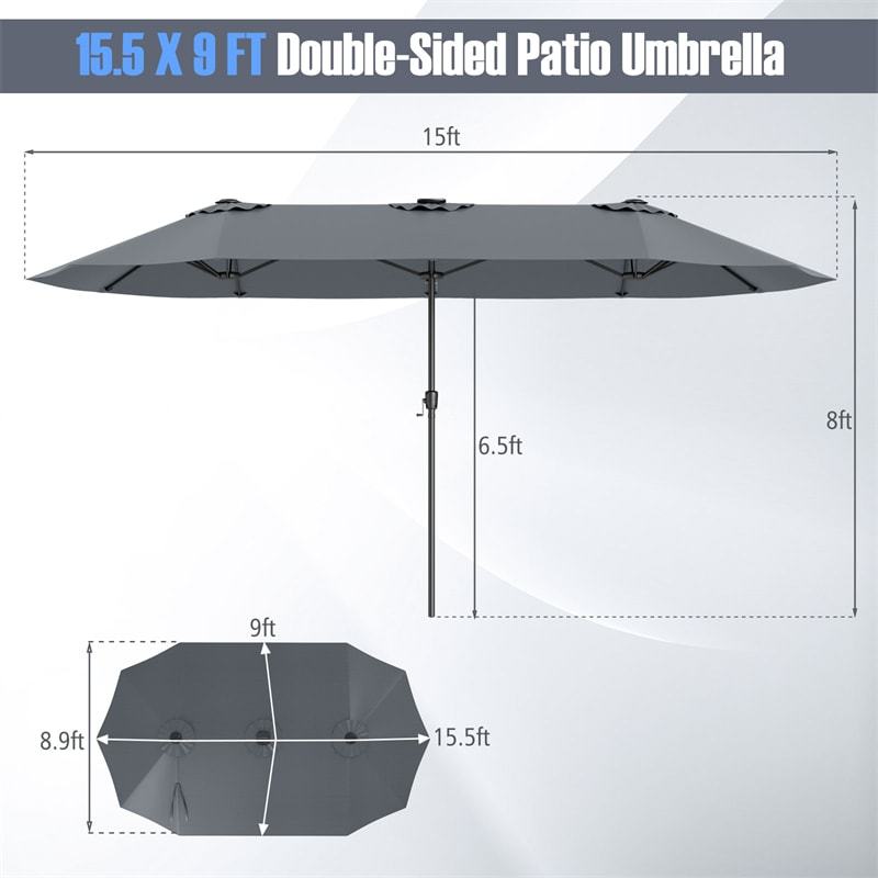 15.5FT Extra Large Patio Umbrella with 144 Solar LED Lights & Crank Handle, 12 Heavy-Duty Ribs Double-Sided Market Umbrella for Deck, Poolside