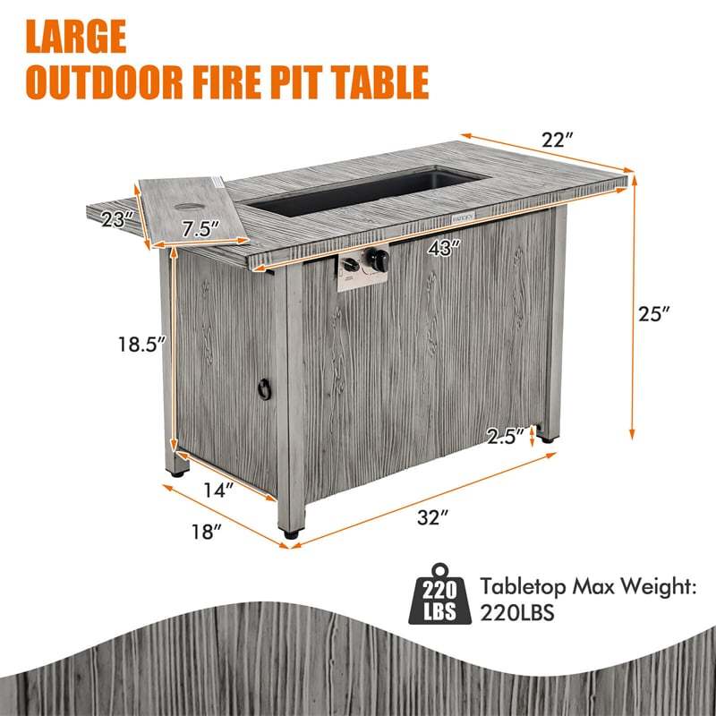 43" Rectangular Propane Fire Pit Table 50,000 BTU Outdoor Gas Fire Table with Wood Grain Tabletop, Metal Lid, Lava Rocks & Waterproof Cover