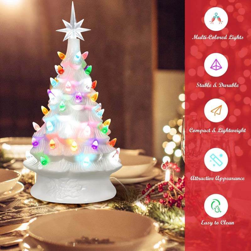 14 Inch Hand-Painted White Ceramic Tabletop Christmas Tree with 12 Built-in Lights and Top Star