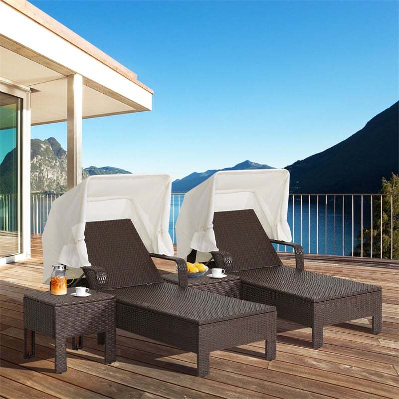 2-Piece Outdoor Chaise Lounge Chair & Table Set with Folding Canopy, Adjustable Backrest & Cushions, Rattan Patio Furniture for Poolside, Backyard