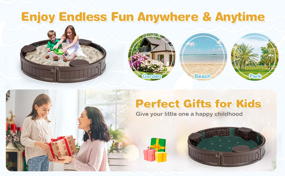 Kids Outdoor Playset Sandbox with Cover Detachable Corner Seats Bottom Liner - Round