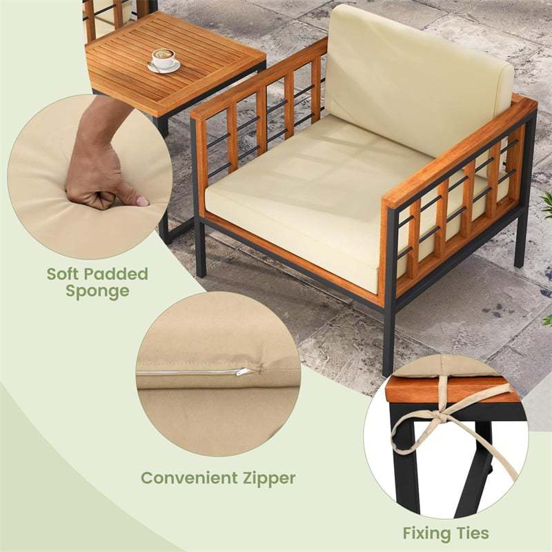 5 Pieces Acacia Wood Patio Furniture Set Outdoor Conversation Set with Coffee Table, Ottomans, Soft Back & Seat Cushions