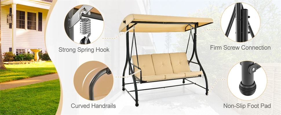 3 Seat Outdoor Porch Swing 2-in-1 Large Converting Patio Swing Glider with Adjustable Canopy & Removable Cushions for Yard Garden Balcony