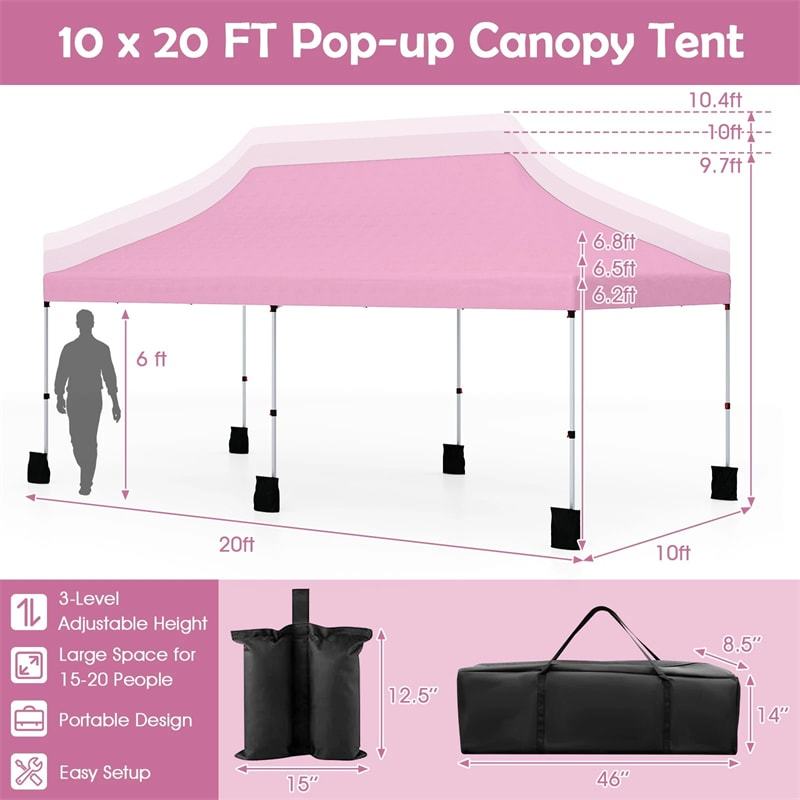 10 x 20FT Pop Up Canopy, Instant Setup Outdoor Canopy Tent with 6 Sandbags & Carrying Bag, UPF50+ Sun Protection Tent for Events, Camping