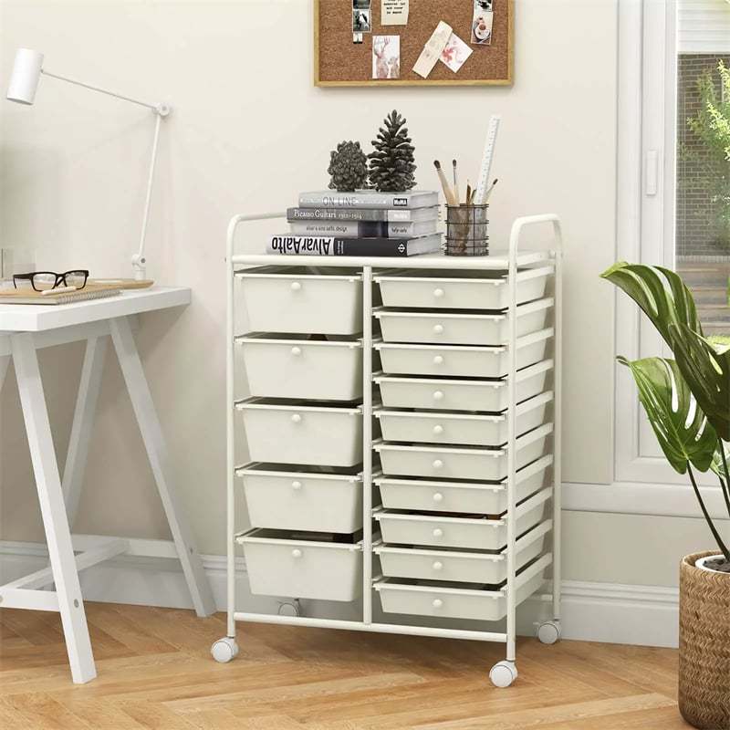 15-Drawer Rolling Storage Cart, Art &  Craft Organizer with Wheels & Removable Drawers for Tools, Scrapbook Paper, Home Office School