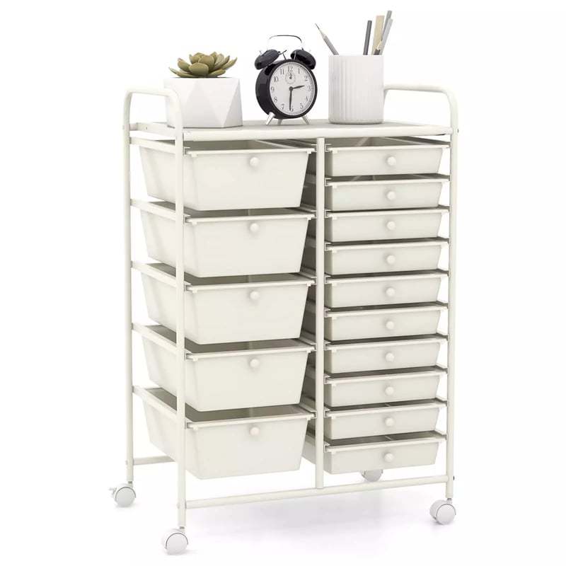 15-Drawer Rolling Storage Cart, Art &  Craft Organizer with Wheels & Removable Drawers for Tools, Scrapbook Paper, Home Office School