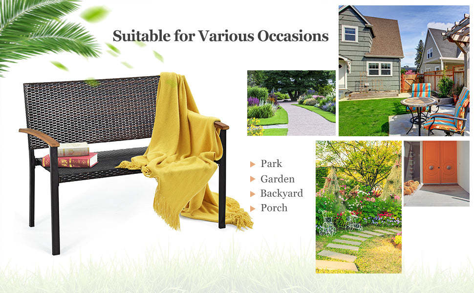 Wicker Patio Bench Rattan Outdoor Loveseat Chair with Armrest for Garden