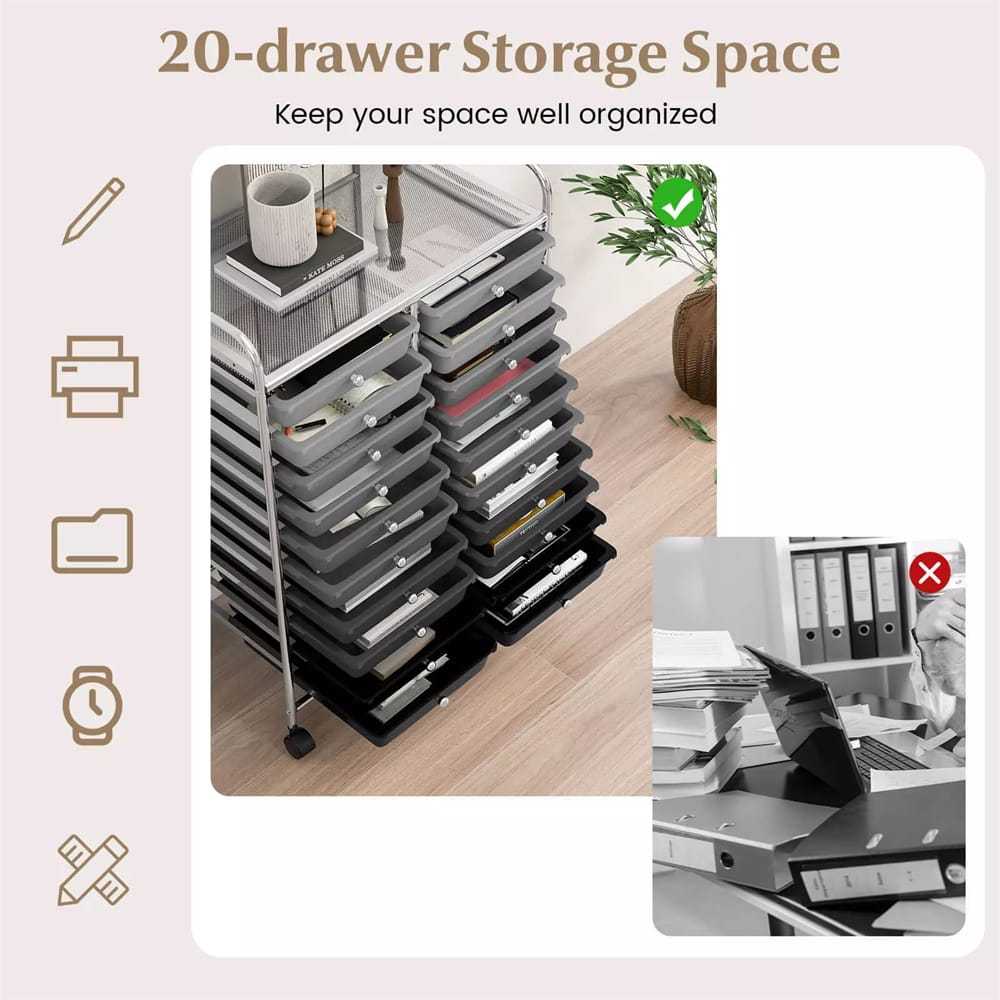 Storage Drawer Cart, 20-Drawer Rolling Cart Organizer with Lockable Wheels, Mobile Utility Cart for Office School Art Craft Supplies
