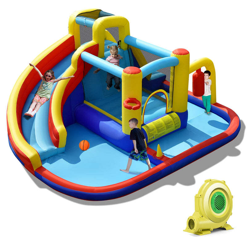 Inflatable Water Slide, 7 in 1 Mega Bounce House Water Park with 735W Blower & Splash Pool, Jumping Castle Slide Combo for Kids Backyard Party Fun