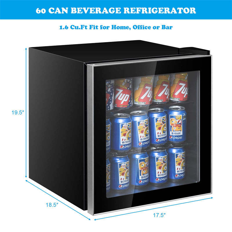 60 Can Mini Beverage Refrigerator, 1.6 Cu.Ft Freestanding Drink Fridge with Glass Door & Removable Shelves, Compact Beverage Cooler for Home Office