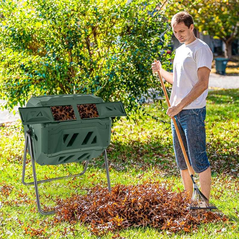 42-Gallon Dual Chamber Compost Tumbler, Rotating Outdoor Composter with Sliding Doors & Gloves, Metal Frame Compost Barrel for Garden Yard