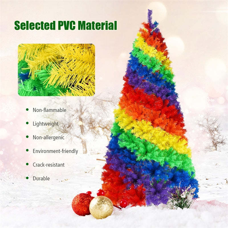 7FT Colorful Rainbow Full Fir Hinged Christmas Tree with Metal Stand