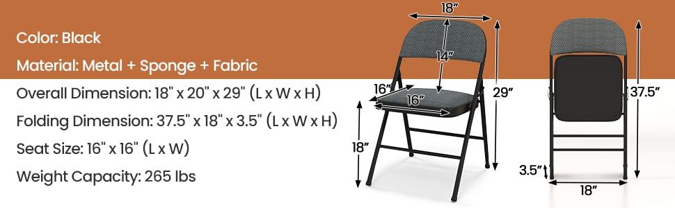 4-Pack Folding Chairs Home Office Chairs with Padded Seat, Metal Frame Fabric Dining Chairs Set of 4 Outdoor Indoor Upholstered Restaurant Chairs