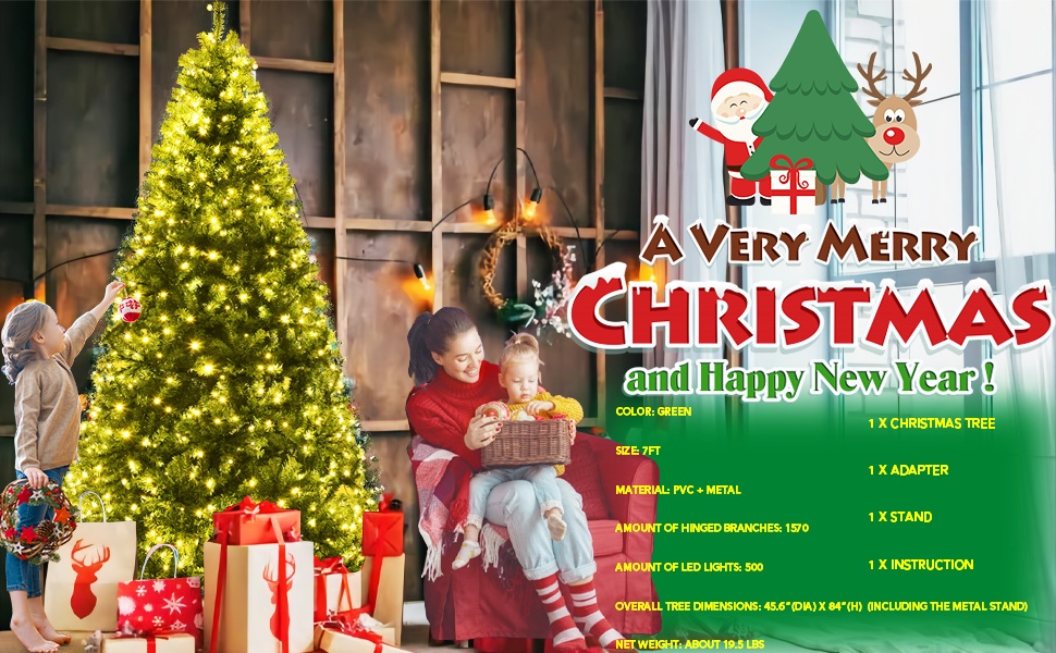 7FT Pre-lit Artificial Christmas Tree Hinged Xmas Tree 1570 PVC Branch 11 Flash Modes 400 LED Lights