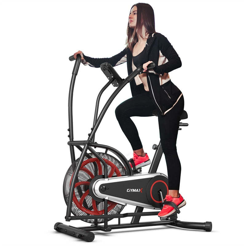 Upright Air Bike Fan Exercise Bike with LCD Display, Adjustable Seat, Phone Holder, Built-in Wheels, Unlimited Resistance for Home Gym Cardio Workout