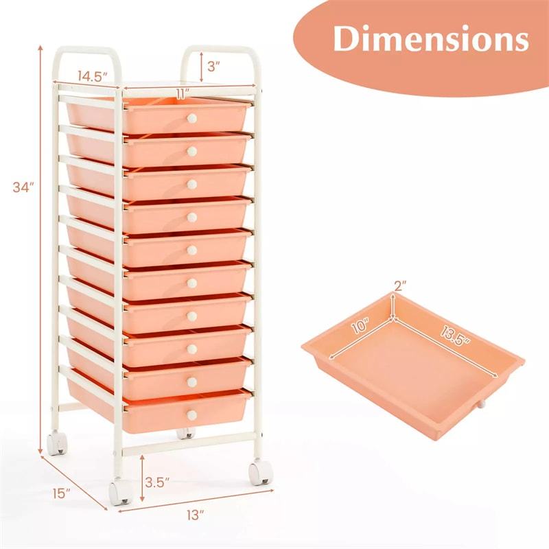 10-Drawer Rolling Storage Cart, Utility Cart with Drawers & Lockable Wheels, Mobile Art Craft Drawer Cart for Home Office, School