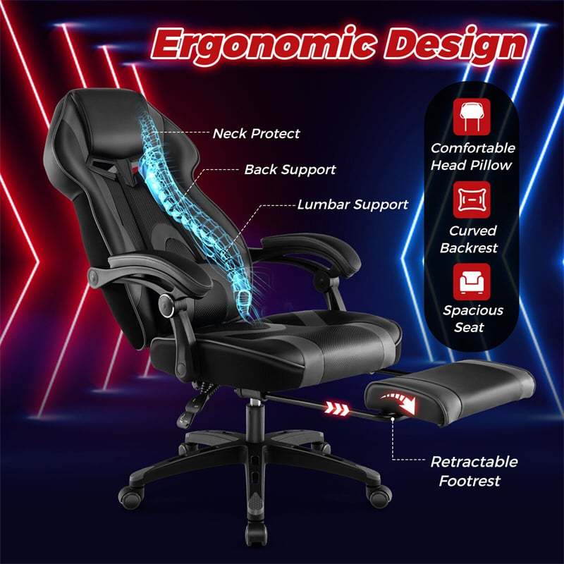 E-Sports Gaming Chair Ergonomic Racing Style Office Computer Chair Height Adjustable Reclining Video Game Chair with Lumbar Support & Footrest