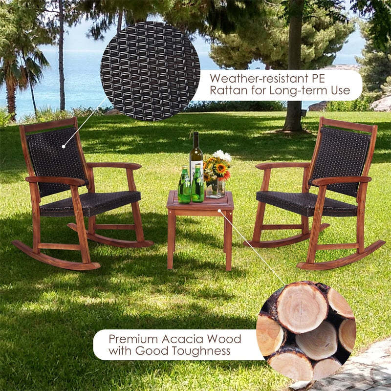 3 Piece Patio Rattan Rocking Bistro Set Acacia Wood Outdoor Rocker Chat Set with Side Table