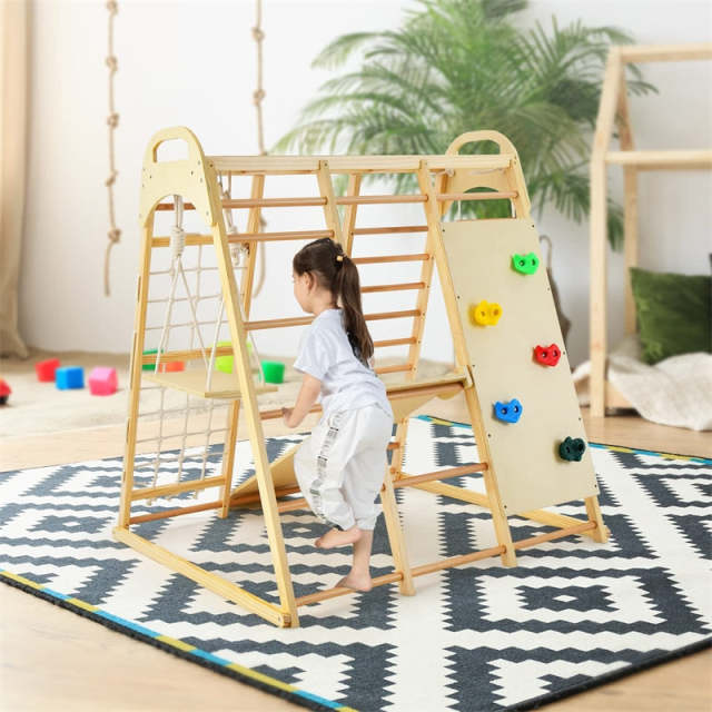 8-in-1 Kids Indoor Jungle Gym, Wooden Montessori Playground Climbing Playset with Slide, Swing, Monkey Bars, Rope Ladder for Boys & Girls