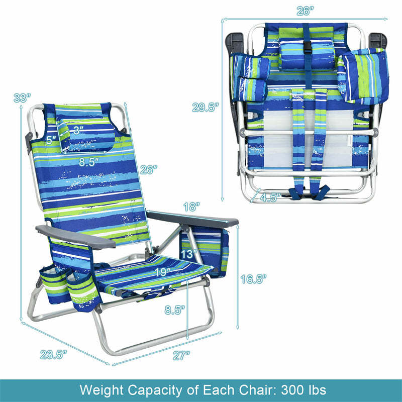 4 Pack Folding Backpack Beach Chairs, 5-Position Adjustable Sling Camping Chairs Reclining Beach Chairs with Head Pillows, Ice Pack, Cup Holder