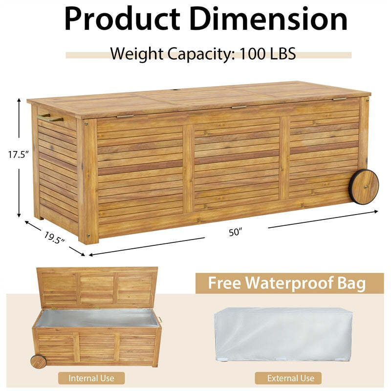 48 Gallon Acacia Wood Outdoor Storage Box with Wheels, Waterproof Cover & Side Handle, Patio Deck Box for Garden, Balcony, Yard, Poolside