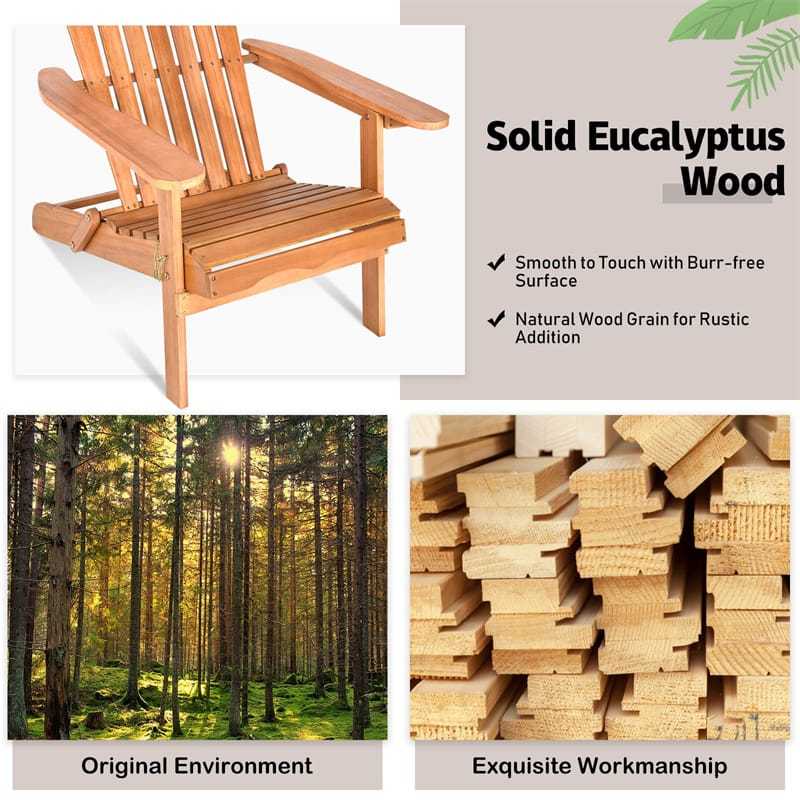 Eucalyptus Wood Folding Adirondack Chair, 400lb Capacity, Weather-Resistant Outdoor Lounge Chair, Oversized Fire Pit Chair for Patio, Deck, Backyard