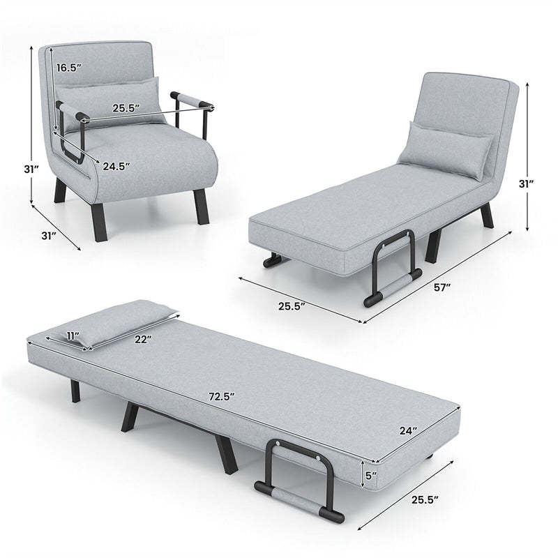 Convertible Sleeper Chair, 4-in-1 Folding Sofa Bed 6-Position Adjustable Backrest w/ Pillow, Reclining Chaise Sleeper Sofa for Living Room
