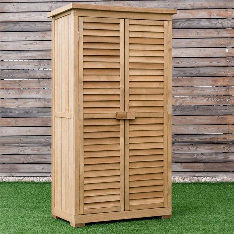 63" Outdoor Wooden Storage Shed, Garden Tool Cabinet with Double Lockable Doors, Latch Detachable Shelves & Pitch Roof for Patio, Lawn, Yard