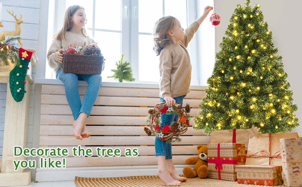 4.5ft Pre-lit Spruce Christmas Tree Hinged Artificial Xmas Tree with 200 LED Lights & Solid Metal Stand