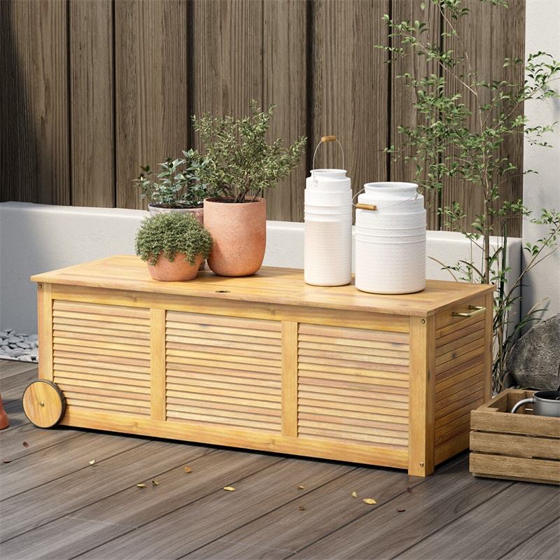48 Gallon Acacia Wood Outdoor Storage Box with Wheels, Waterproof Cover & Side Handle, Patio Deck Box for Garden, Balcony, Yard, Poolside