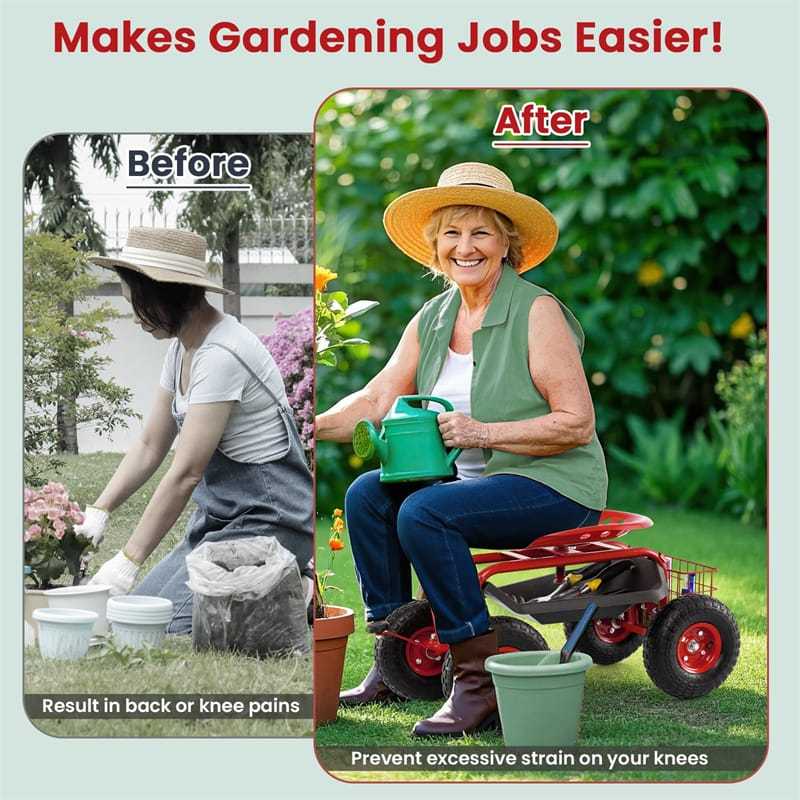 Rolling Garden Cart with 360° Swivel Seat, Tool Tray & Basket, Height Adjustable Gardening Workseat on Wheels, Patio Wagon Scooter for Planting