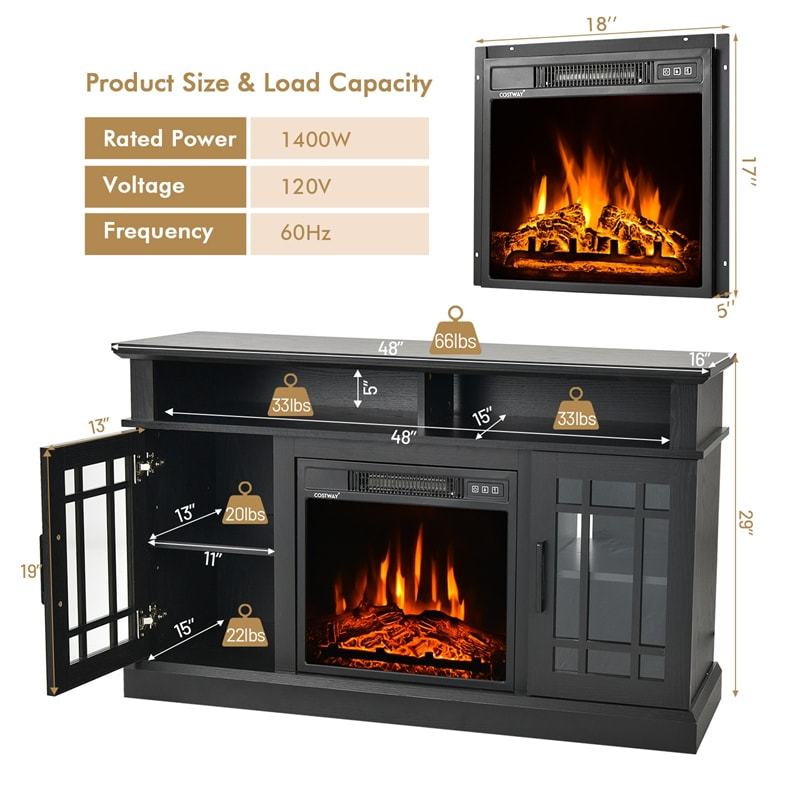 48" Fireplace TV Stand for TVs up to 50", Wood Entertainment Center TV Console with 18" Electric Fireplace, Remote Control, Adjustable Shelves