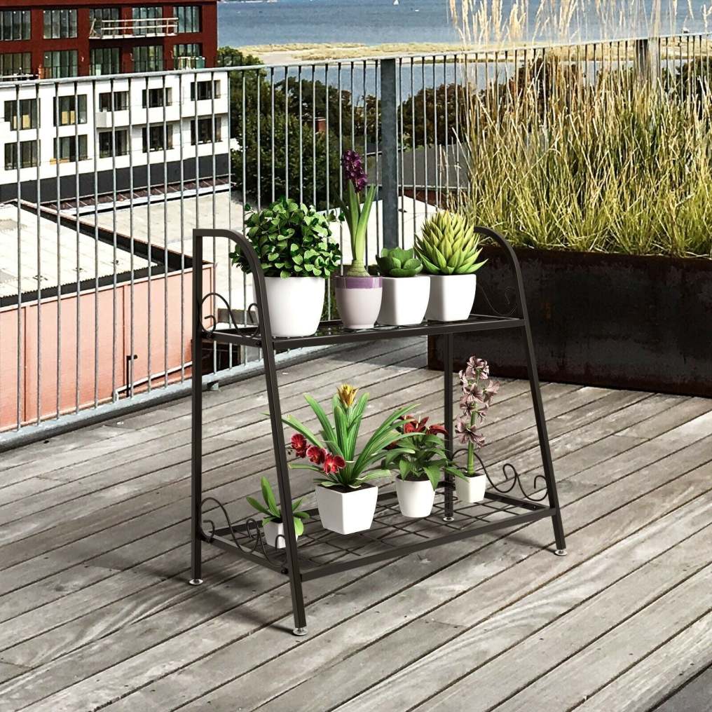 2-Tier Metal Plant Stand, Indoor/Outdoor Flower Pot Holder with Adjustable Feet, Display Shelf for Garden, Balcony, Living Room