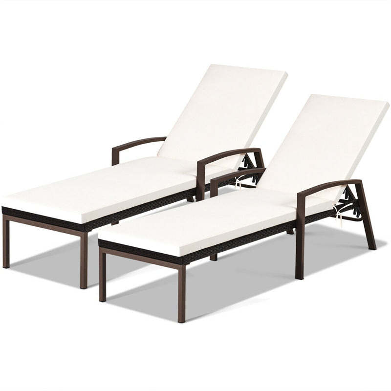 2PCS Wicker Outdoor Chaise Lounge Chairs with Cushions & 5 Adjustable Backrest, PE Rattan Patio Sun Loungers for Poolside, Backyard, Deck