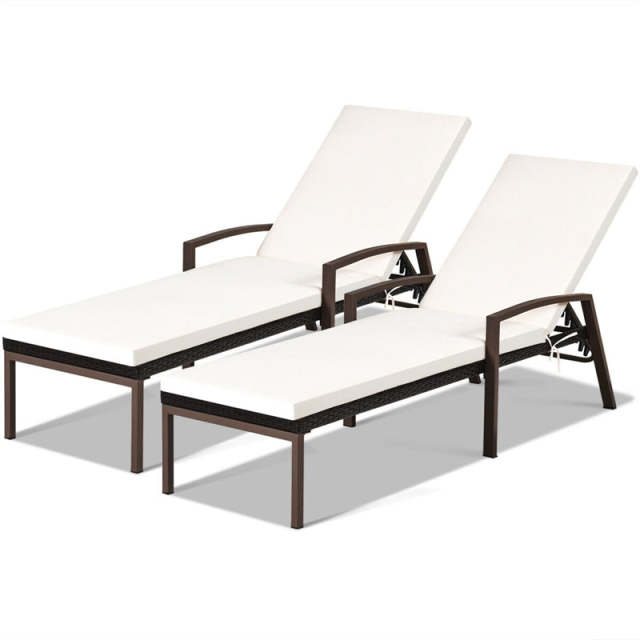 2PCS Wicker Outdoor Chaise Lounge Chairs with Cushions & 5 Adjustable Backrest, PE Rattan Patio Sun Loungers for Poolside, Backyard, Deck