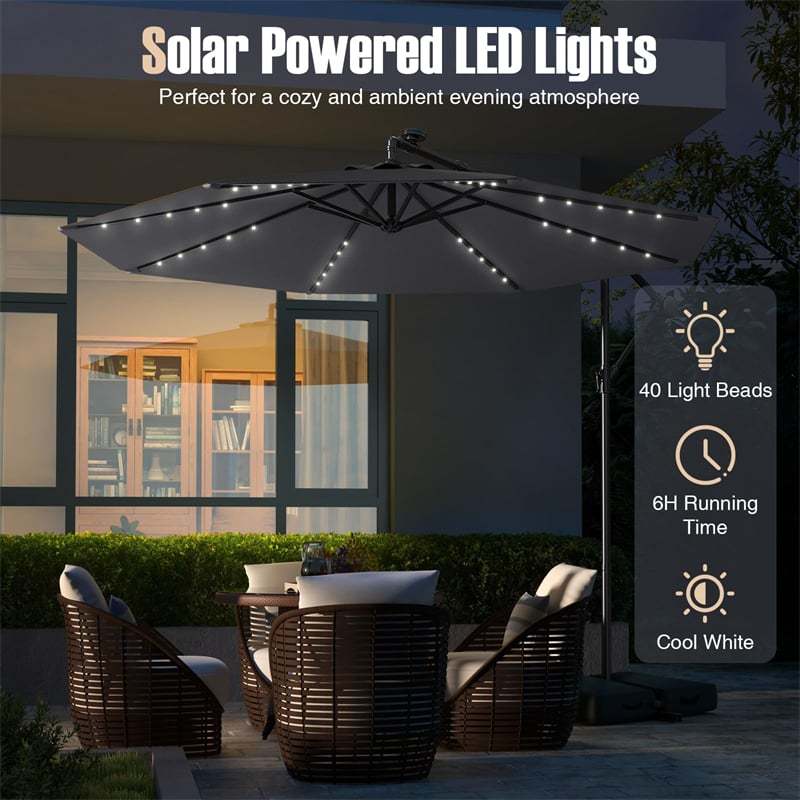 10FT Solar Offset Patio Umbrella, Hanging Cantilever Umbrella with 32 LED Lights, Adjustable Tilt, Sand Bag Base for Garden, Poolside, Yard