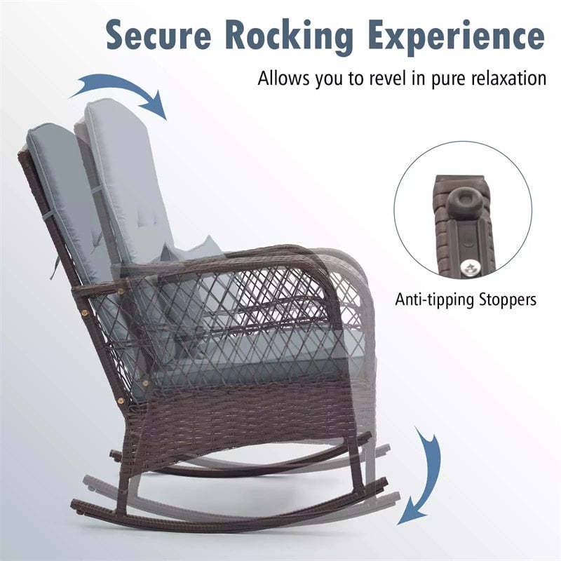 3-Piece Rattan Patio Rocker Set with 2 Rocking Chairs, Tempered Glass Coffee Table & Cushions, Outdoor Bistro Set for Porch, Poolside, Backyard